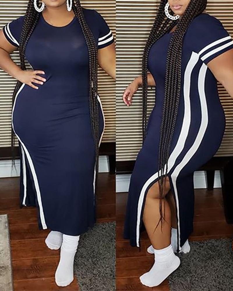 Plus Size Striped Print Maxi Slit Dress