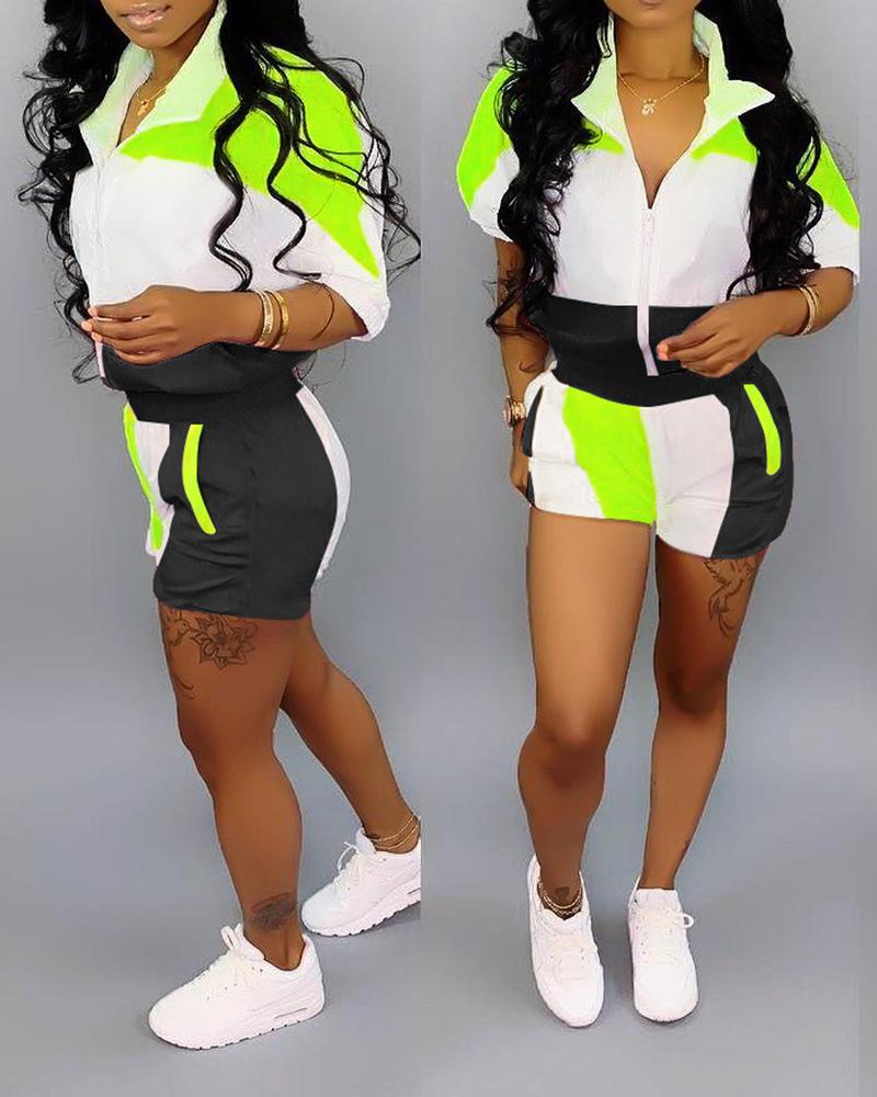 Colorblock Zipper Design Top & Pocket Design Shorts Set