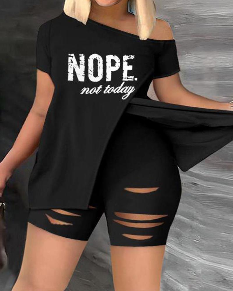 Plus Size Nope Not Today Print Split Top & Shorts Set