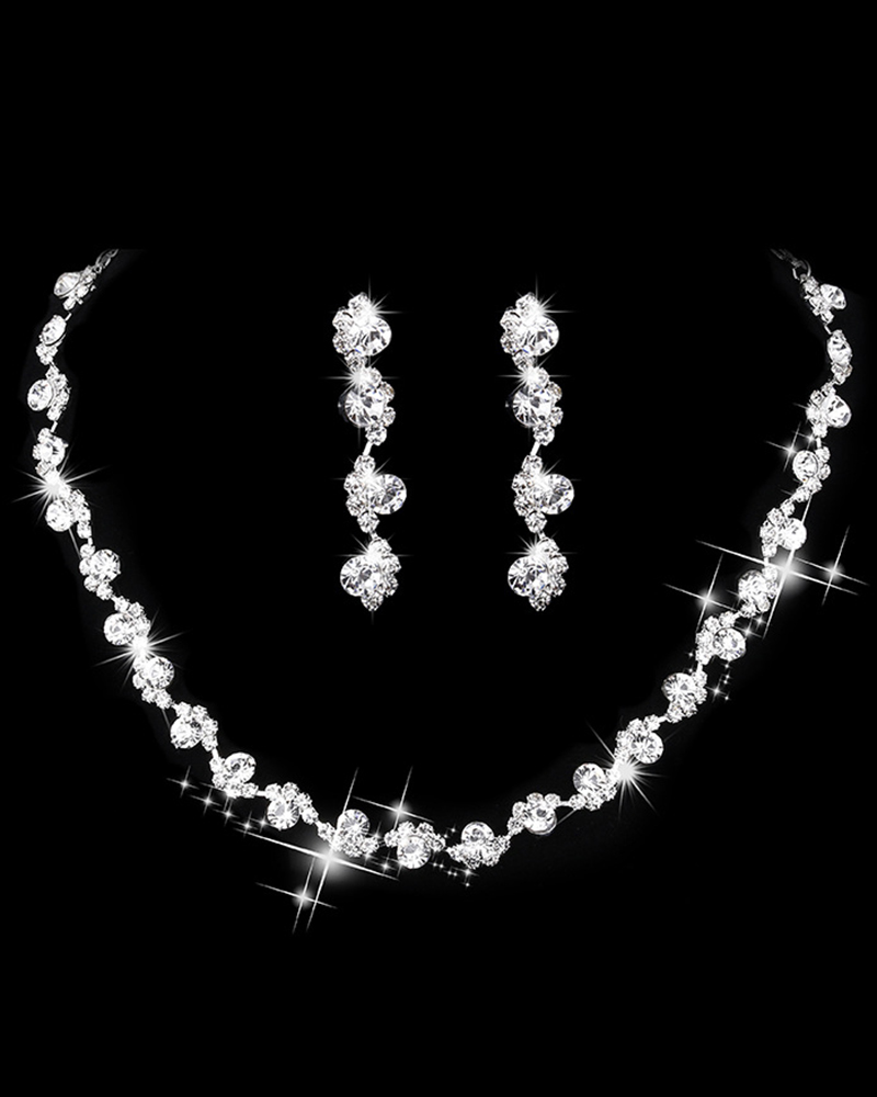 2PCS Rhinestone Wave Chain Necklace & Stud Drop Earrings Evening Party Wedding Jewelry Set