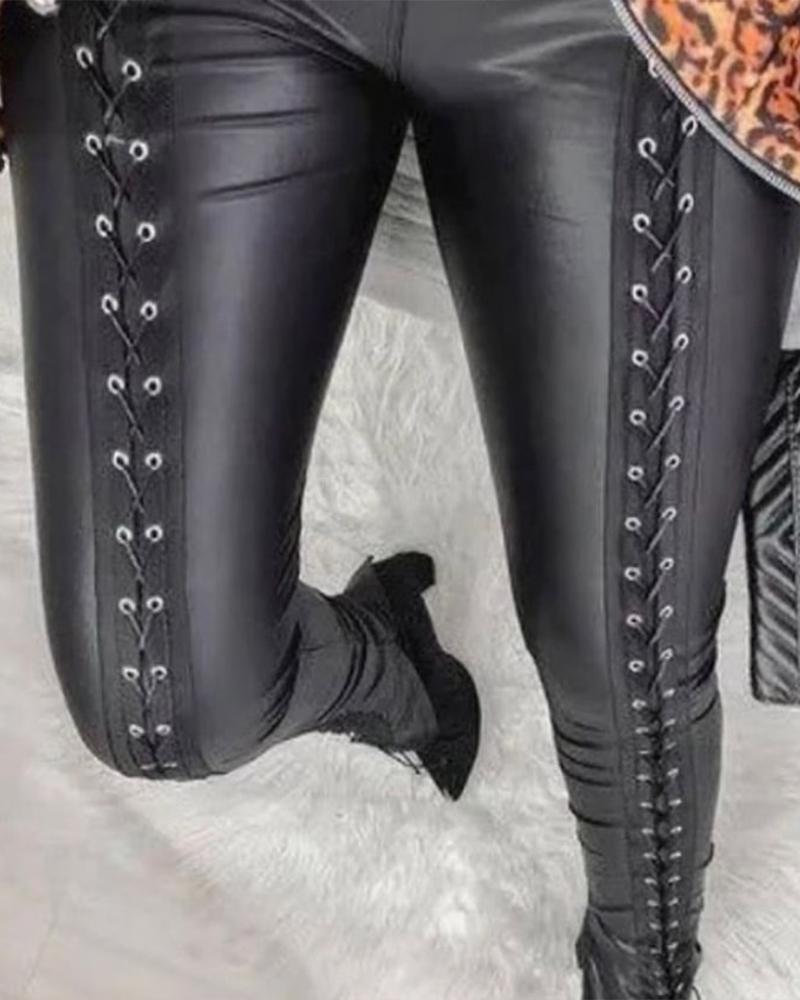   ChicMe Grommet Eyelet Lace-up PU Leather Skinny Pants
