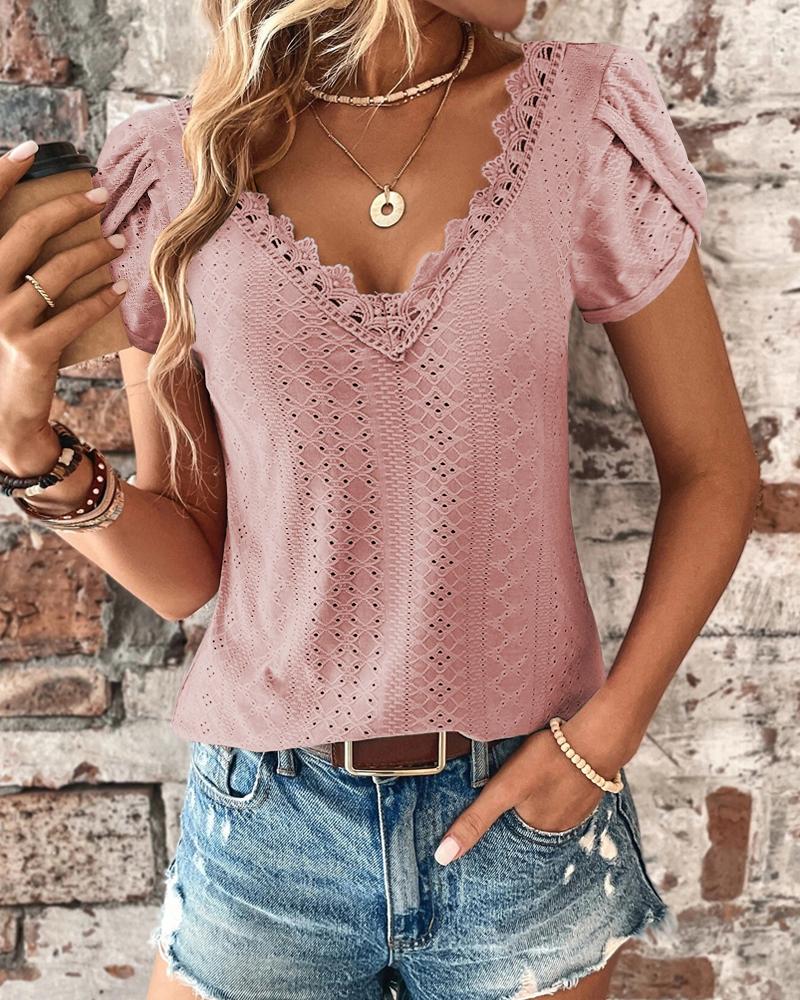 Eyelet Embroidery Petal Sleeve T-shirt
