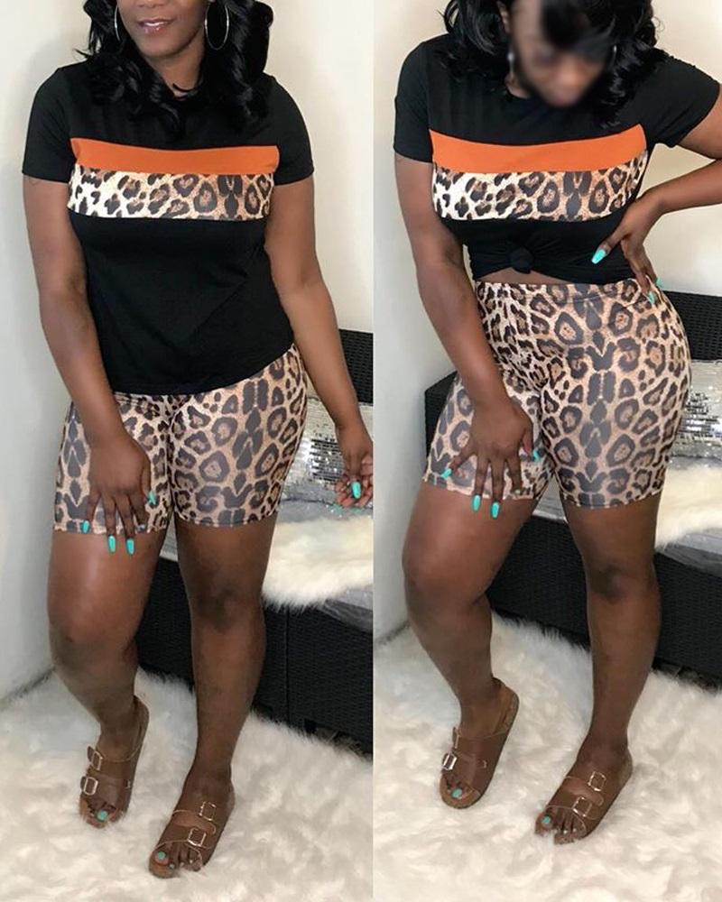 Contrast Leopard Print Round Neck Top & Shorts Set