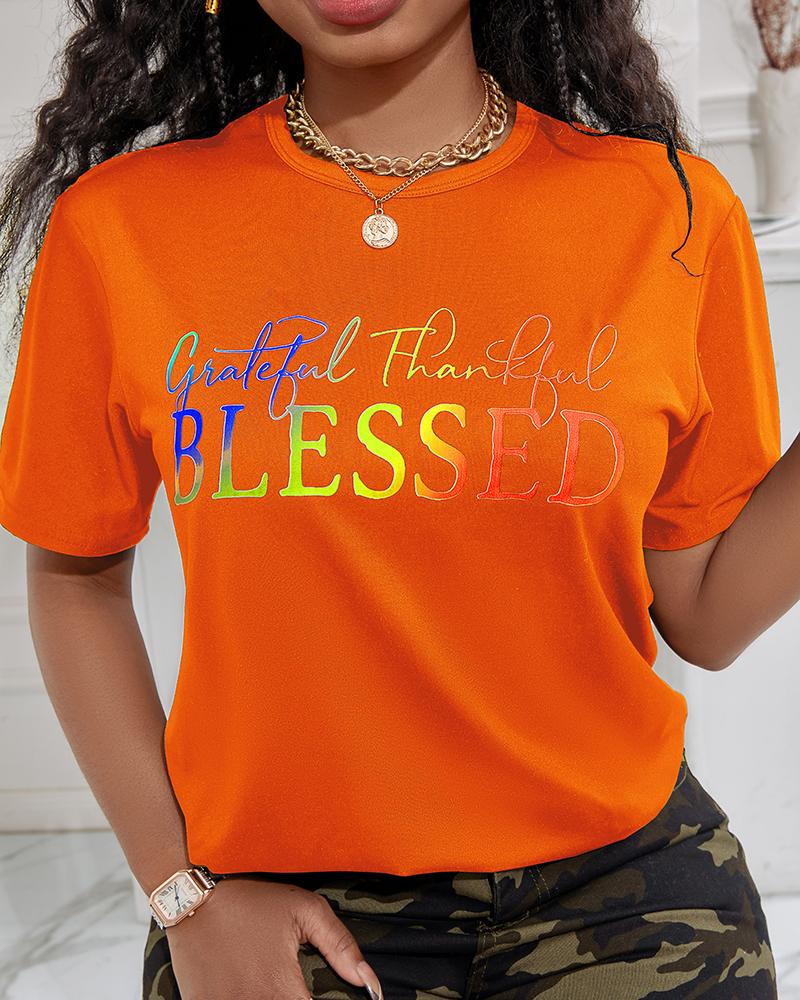 Grateful Thankful Blessed Ombre Letter Print Casual T-shirt
