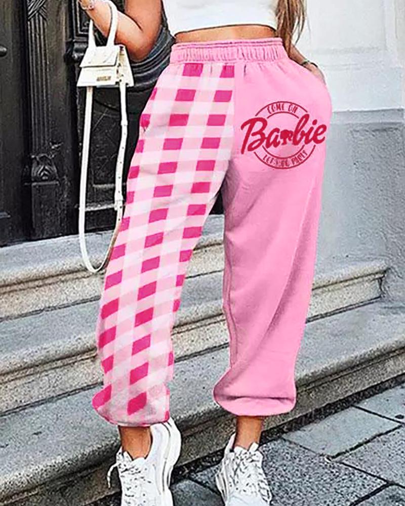 Plaid Come On Barbie Let's Go Party Print Pocket Design Pants