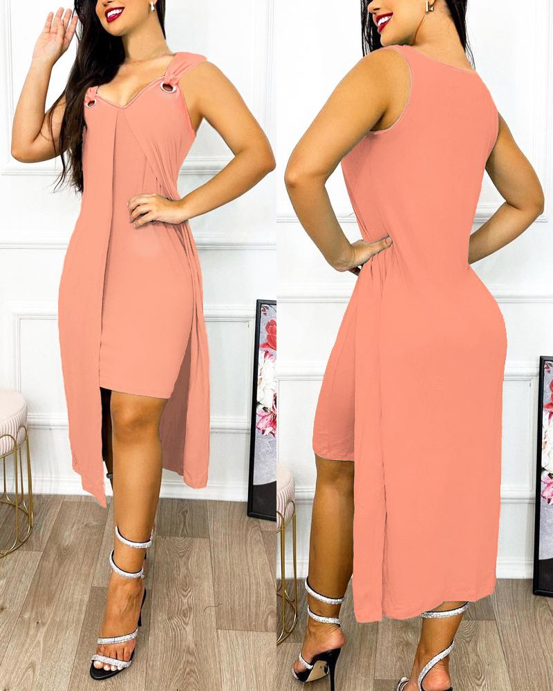 Eyelet Asymmetrical Sleeveless Casual Dress