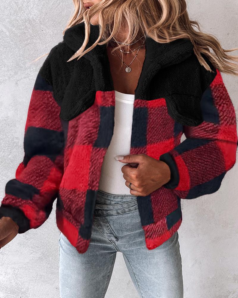 Plaid Print Fleece Teddy Jacket