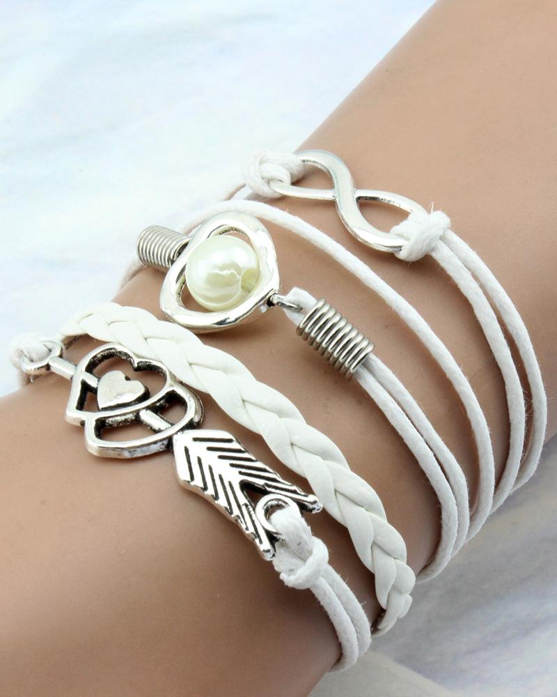 1pc Double Heart Pearl Decor Multi-Layer Braided Leather Bracelet