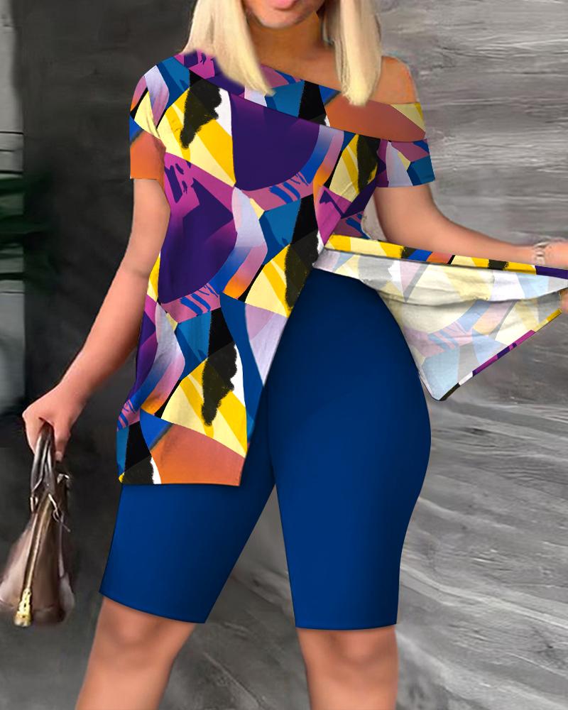 Plus Size Abstract Geometric Print Slit Top & Shorts Set