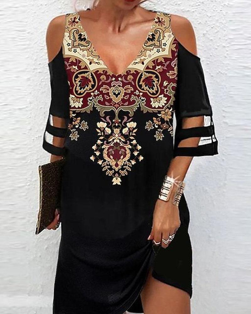 Tribal Print Contrast Mesh Cold Shoulder Casual Dress