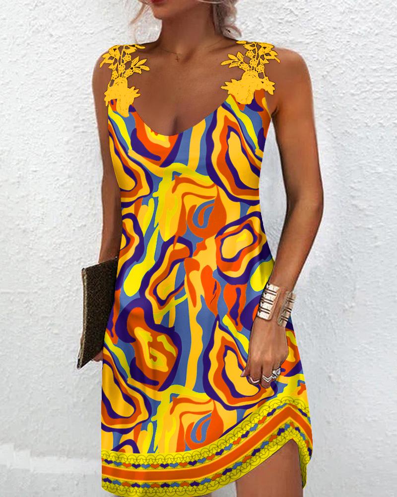 Multi-Color Abstract Print Lace Patch Casual Dress