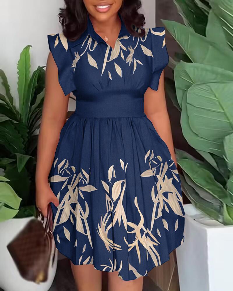 Plants Print Flutter Sleeve Pleated Casual Dress