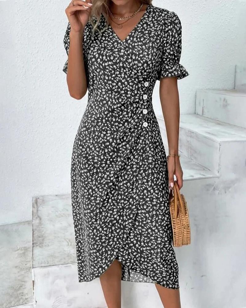Ditsy Floral Print Side Buttoned Wrap Dress