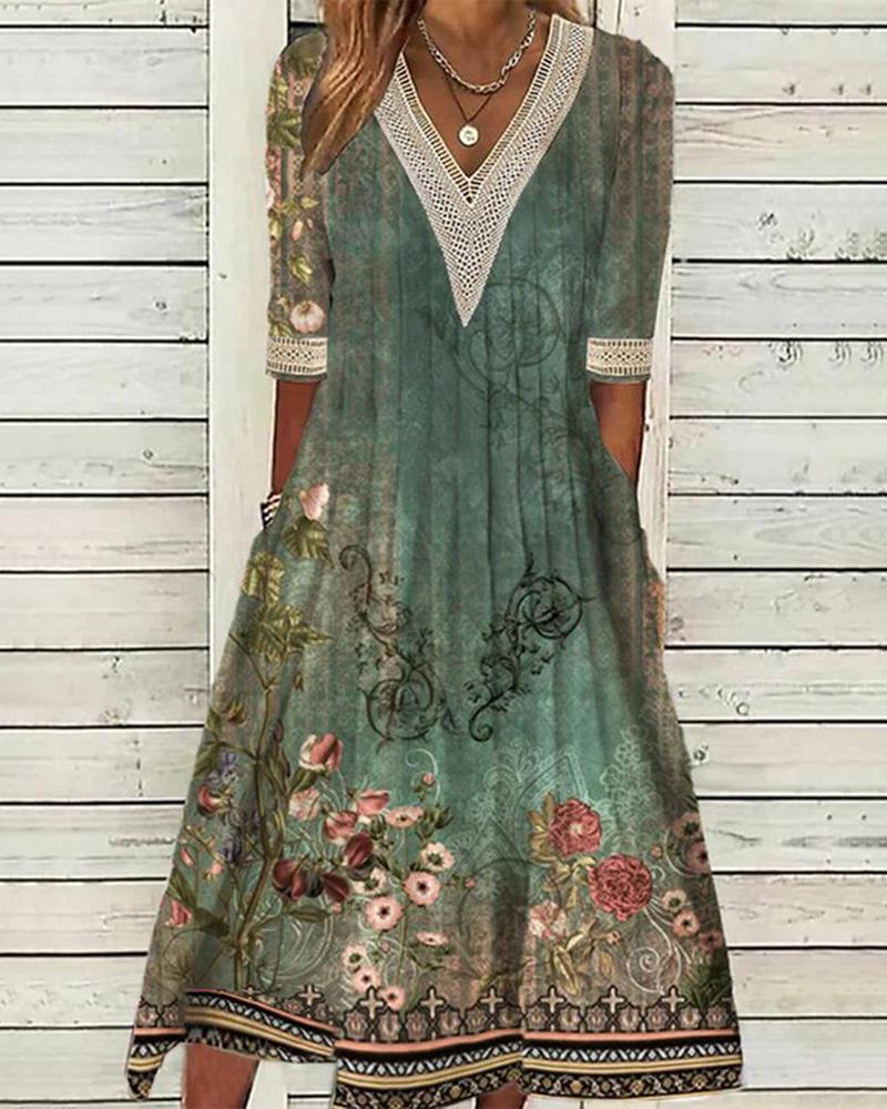 Contrast Lace Floral Tribal Print Casual Dress
