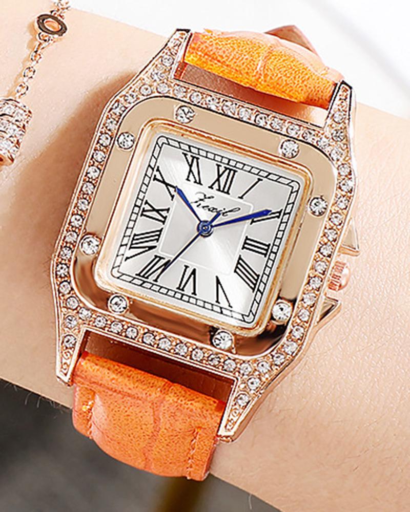 1pc Rhinestone Leather Band Square Quartz Watch