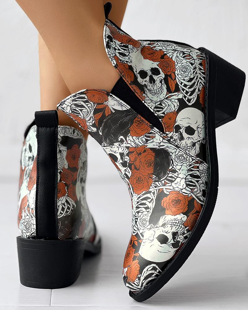 Halloween Skeleton Rose Print Ankle Boots