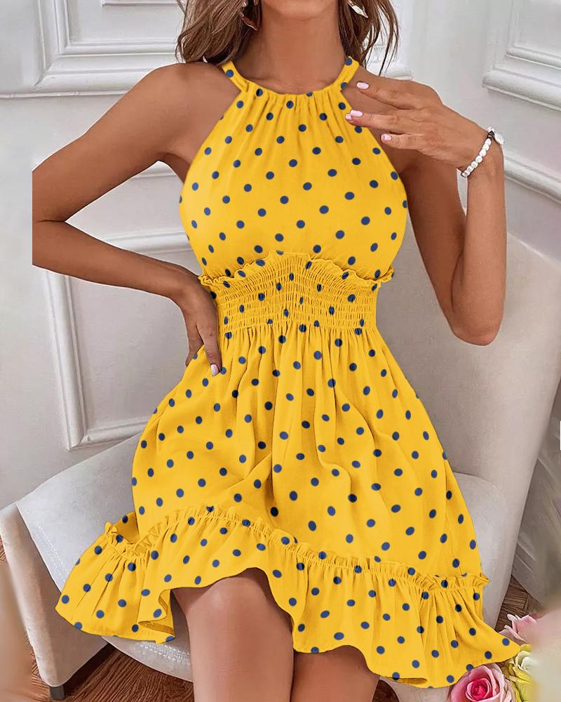 Polka Dot Print Shirred Ruffles Halter Casual Dress