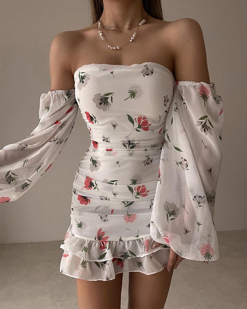 Off Shoulder Ruffle Hem Ruched Floral Print Dress