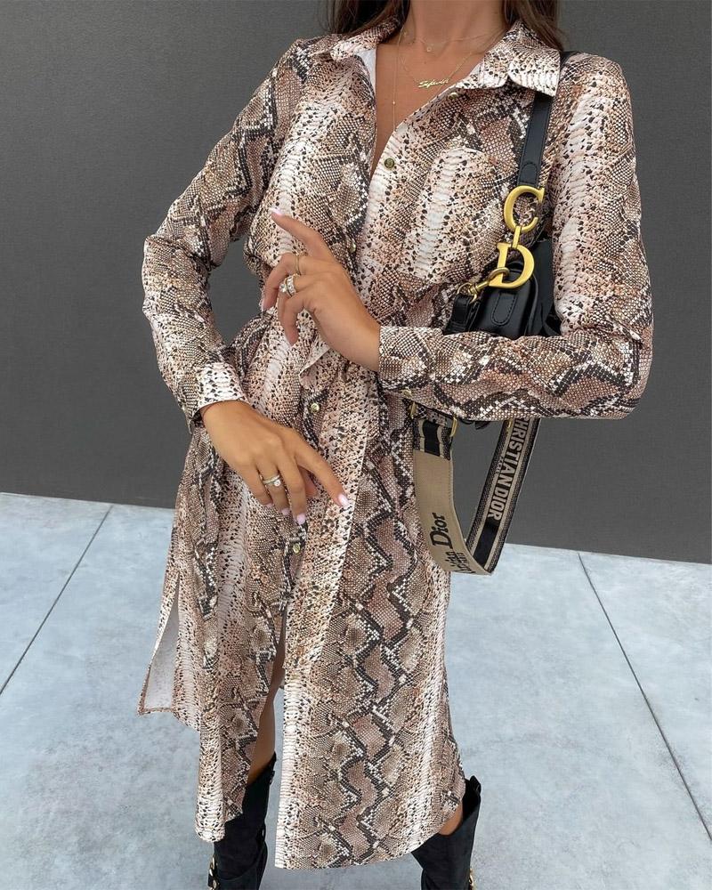 Snakeskin Print Button Down Longline Shirt Dress
