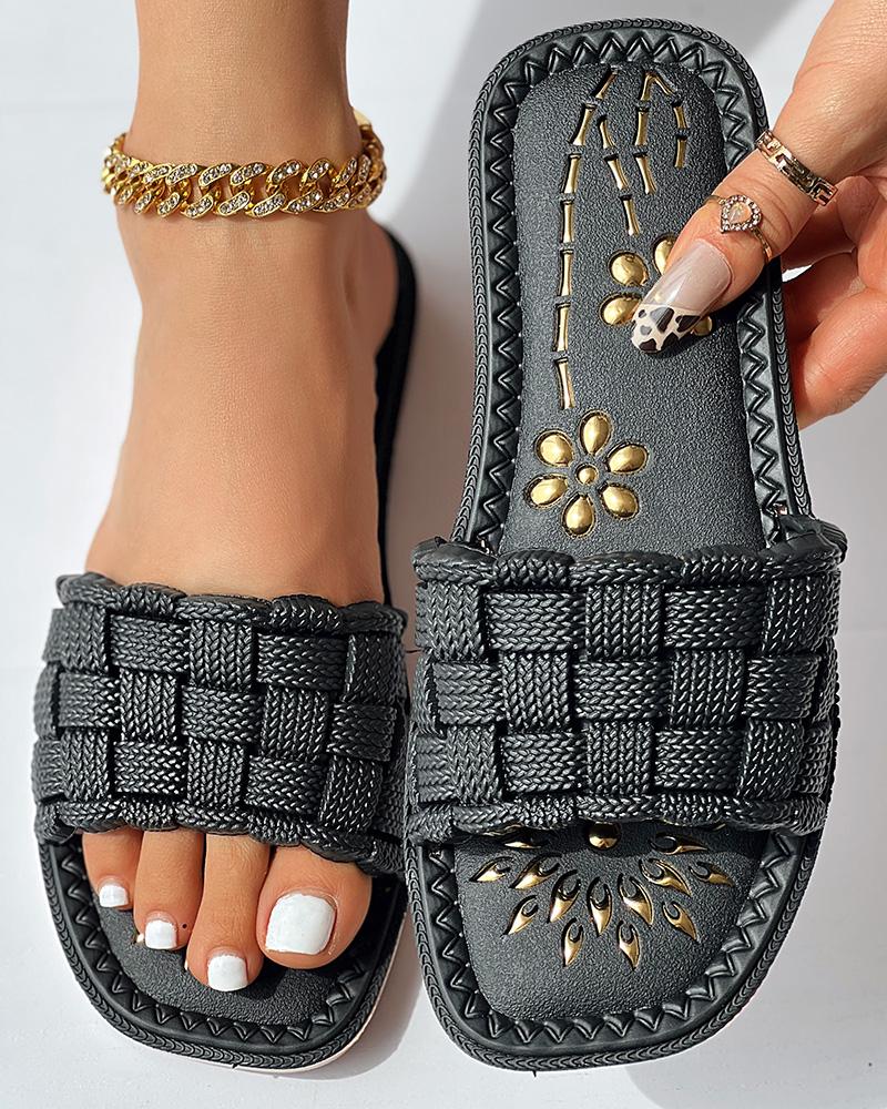 Floral Pattern Braided Wide Strap Slippers