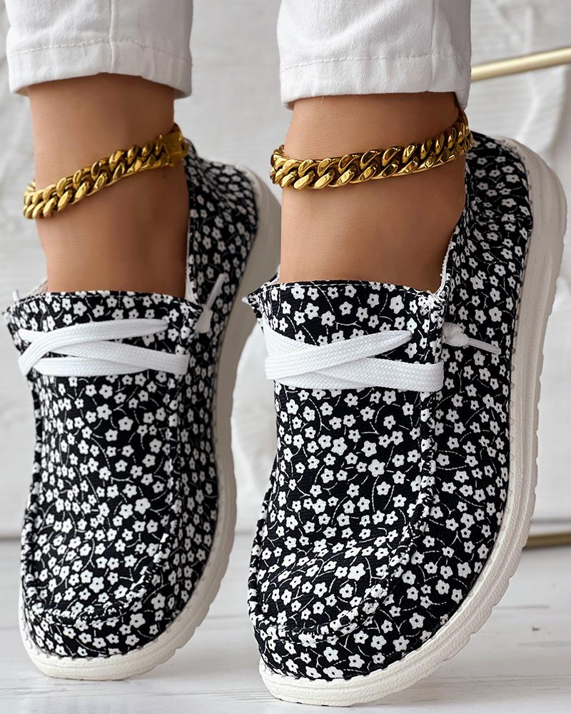 Ditsy Floral Print Lace-up Casual Slip-On