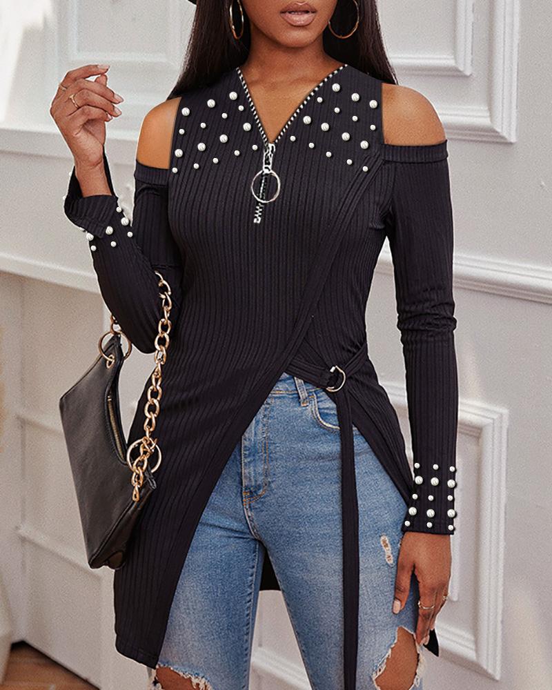 Cold Shoulder Pearls Decor Zip Front High Slit Top