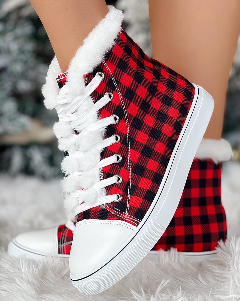 Plaid Print Fuzzy Detail Lined Ankle Boots