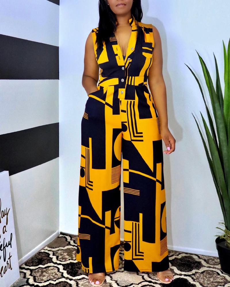 Geo Print Button Front Wide Leg Jumpsuit