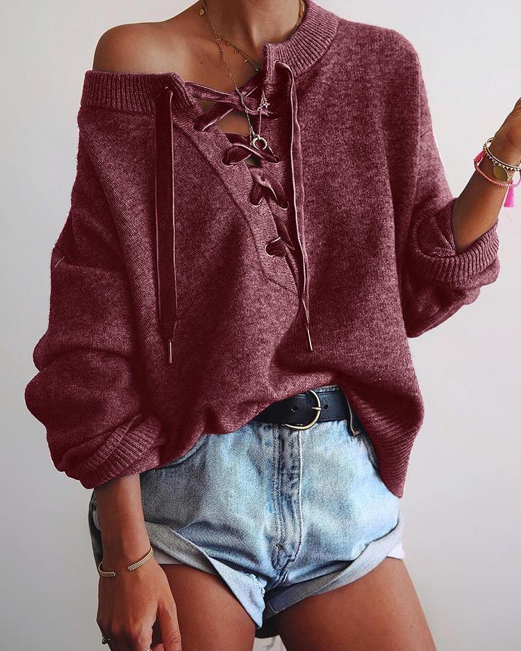 Cozy Lace-up Baggy Knitted Sweater