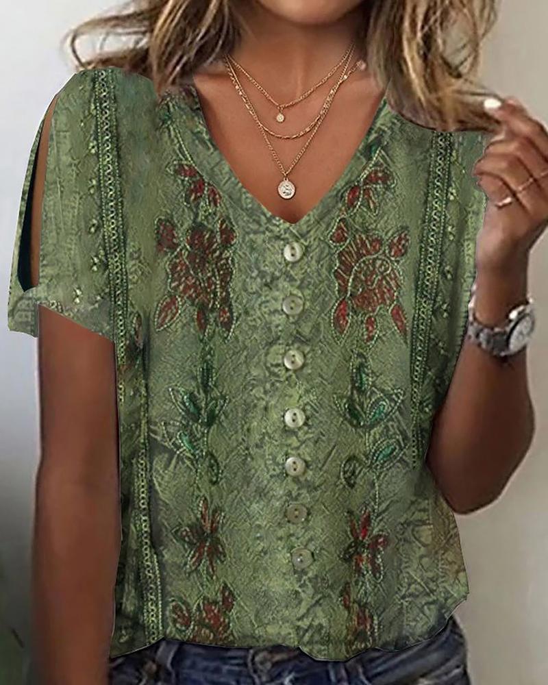Vintage Floral Print Button Front V-Neck Top