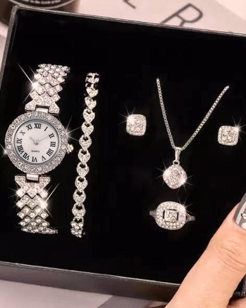 5pcs Allover Rhinestone Quartz Watch & Bracelet & Drop Earrings & Necklace & Ring Jewelry Gifts Set