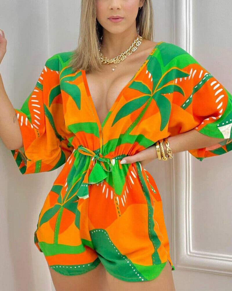 Tropical Print Drawstring Deep V-Neck Romper