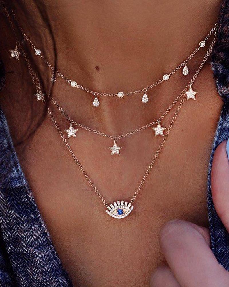 3pcs Layered Star Devil Eye Pendant Rhinestone Decor Necklace