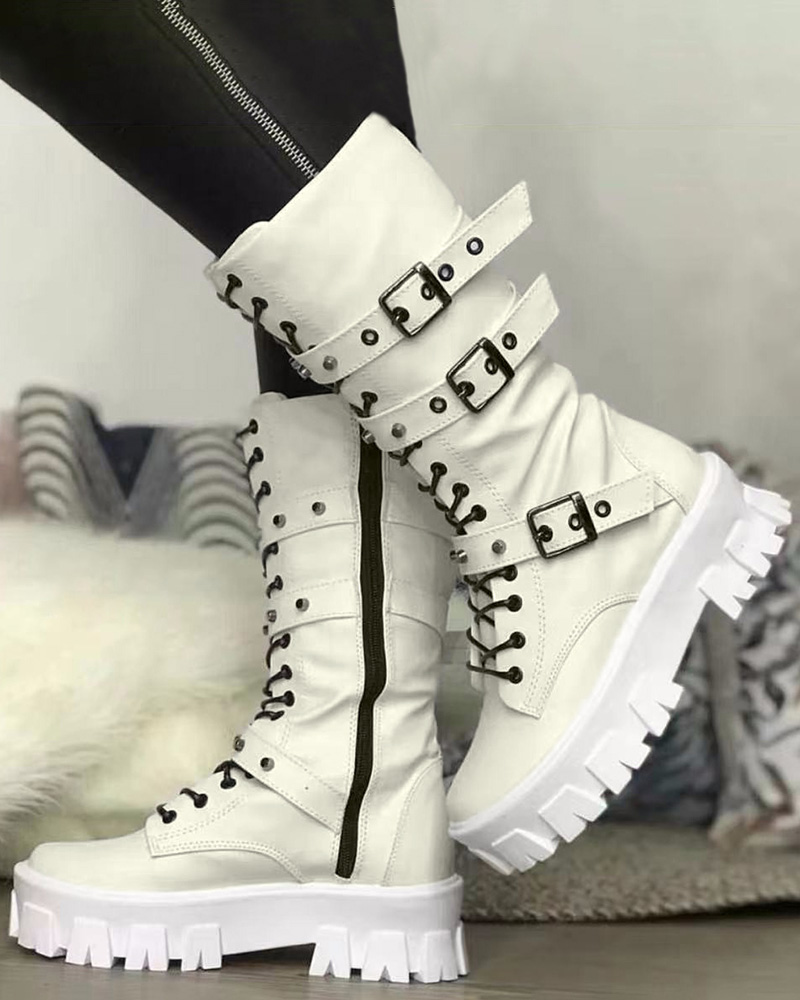 Eyelet Buckled Zipper Design Platform Boots