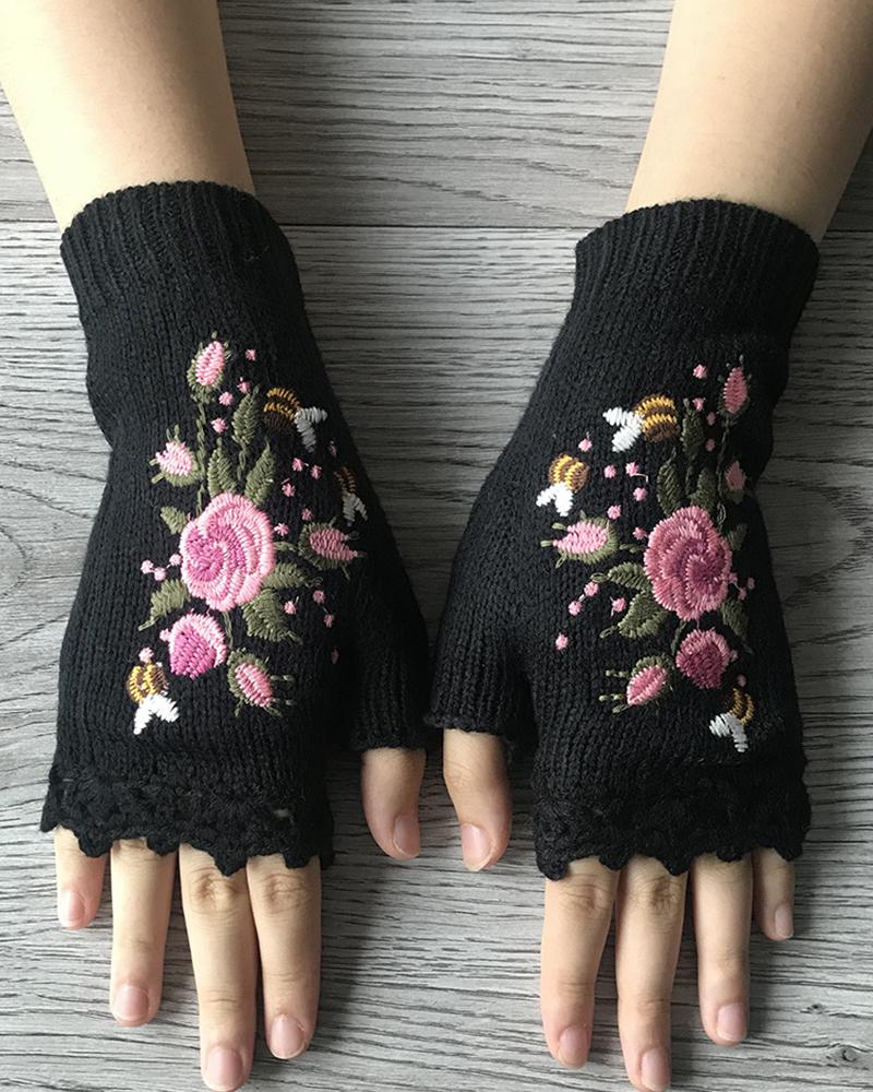 1Pair Floral Embroidery Hollow Out Fingerless Knit Gloves