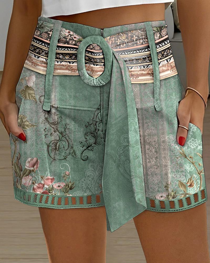  Floral Tribal Print Hollow Out Belted Shorts