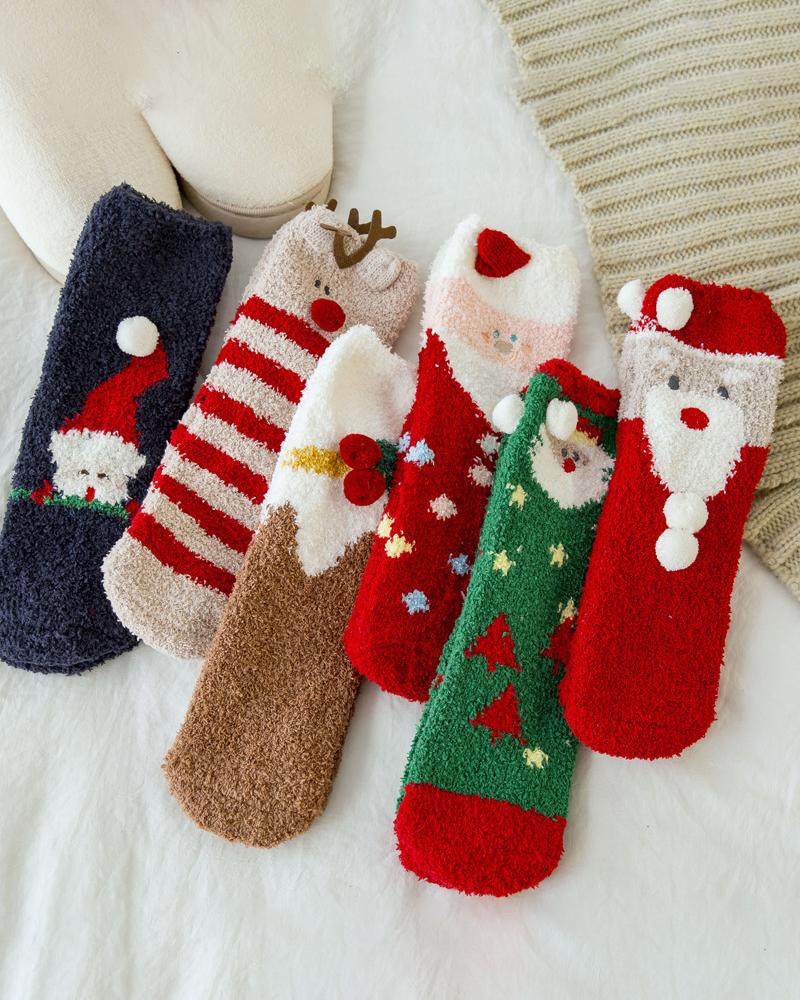 1Pair Christmas Santa Colorblcok Fuzzy Thermal Socks