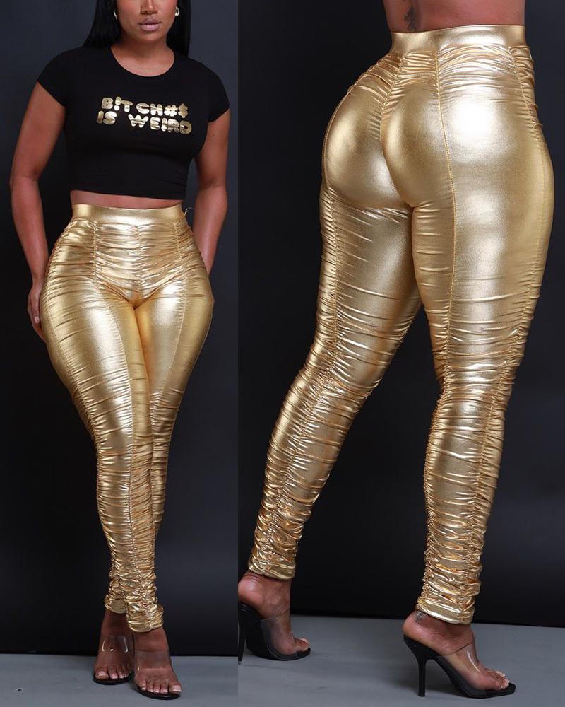   ChicMe High Waist Ruched Metallic Skinny Pants