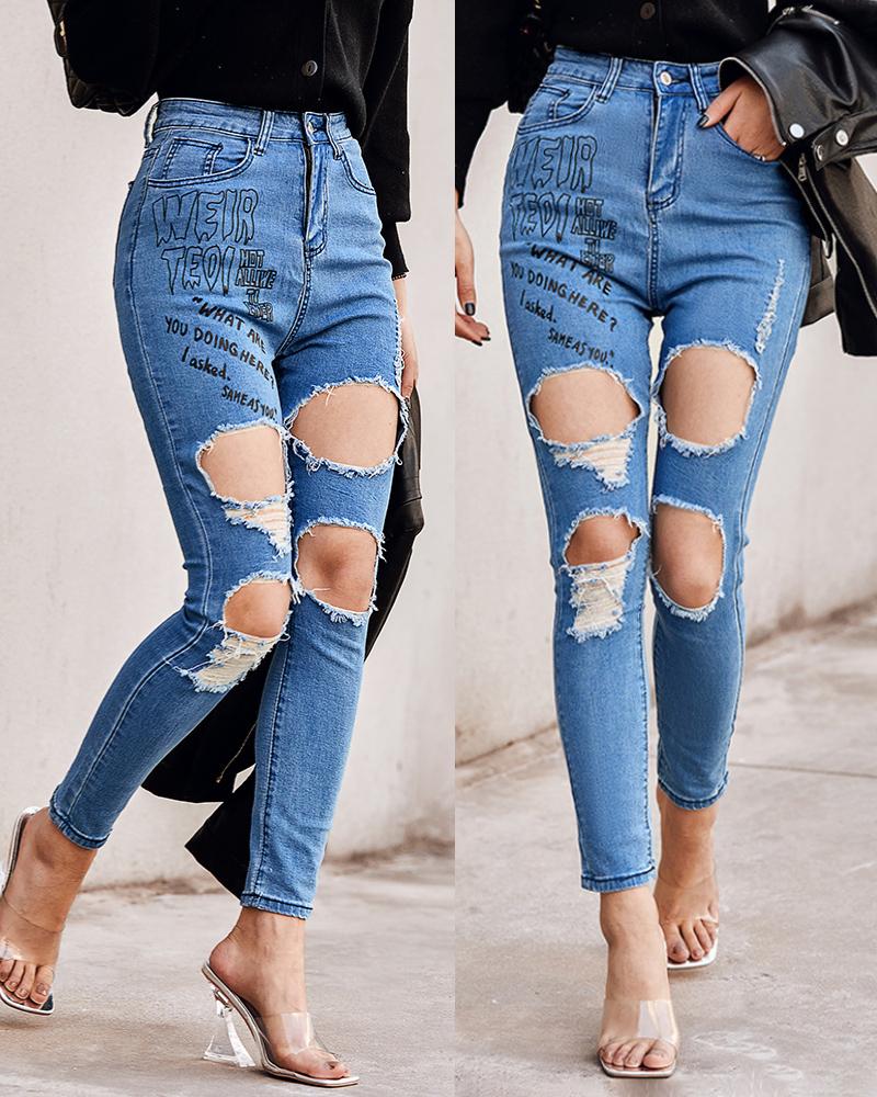  Letter Print Cutout Raw Hem Jeans