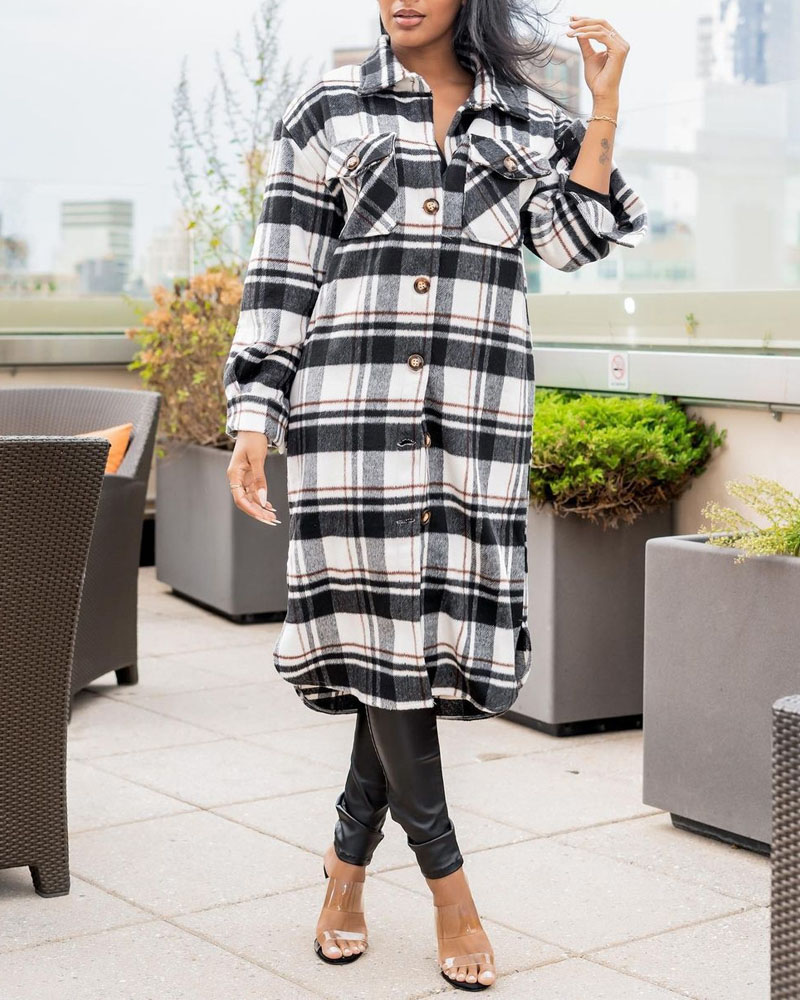 Plaid Print Flap Detail Button Down Longline Shacket