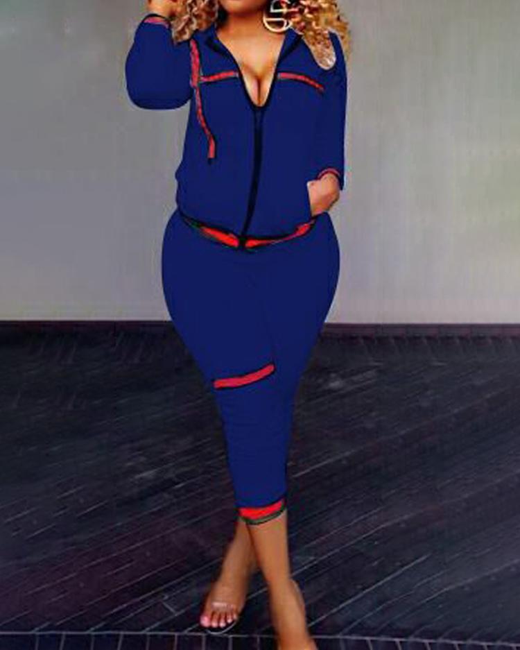 Contrast Binding Zip Front Top & Pants Set