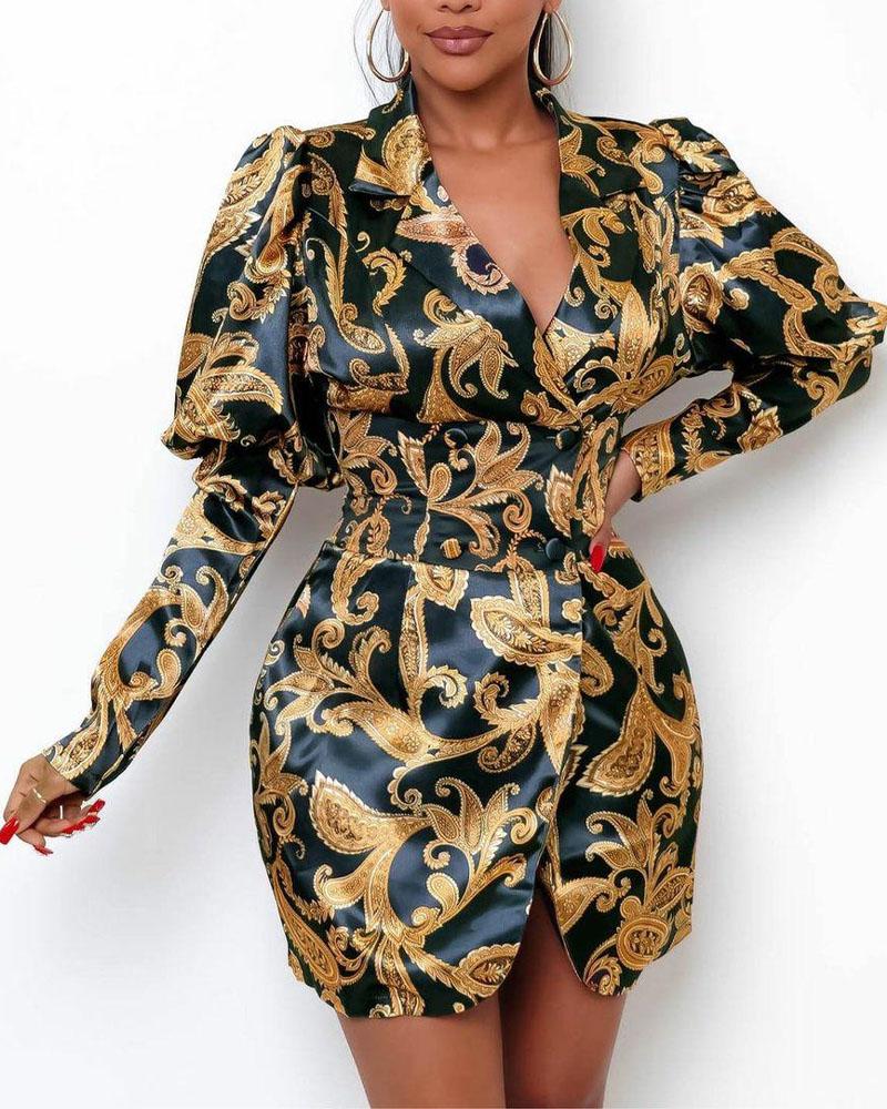 Baroque Print Gigot Sleeve Bodycon Dress