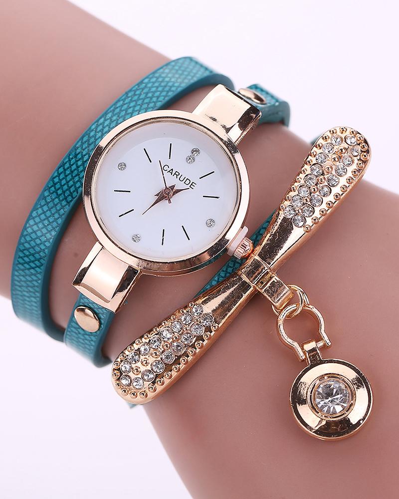 Watches Minimalist PU Leather Rhinestone Quartz Wrist Watch & Bracelet Set