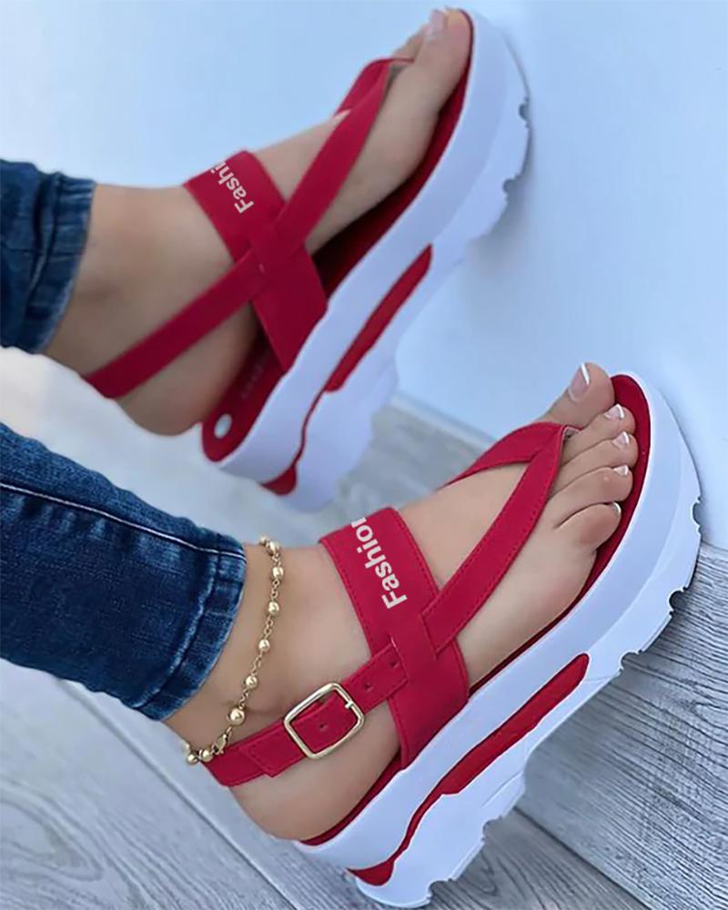 Toe Post Letter Pattern Buckled Platform Sandals