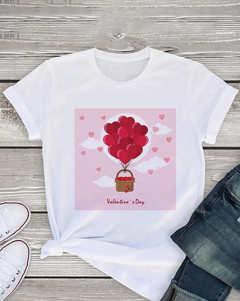 Valentine's Day O-Neck Heart Print Short Sleeve T-shirt