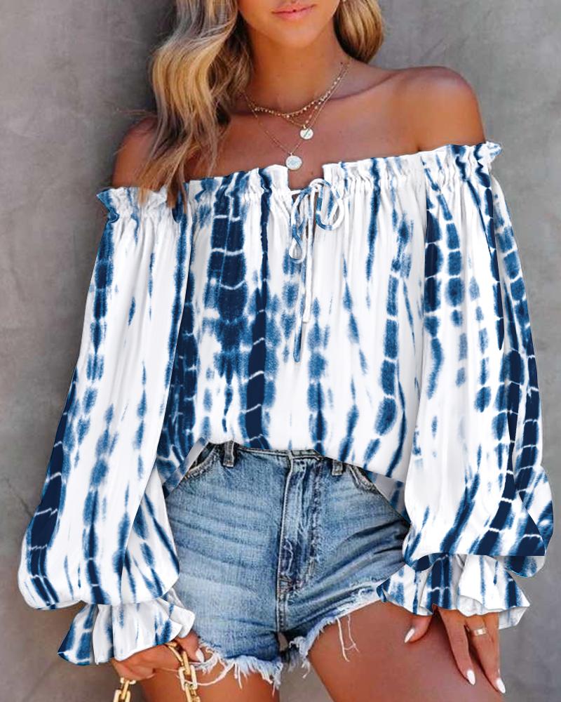 Tie Dye Print Off Shoulder Lantern Sleeve Top