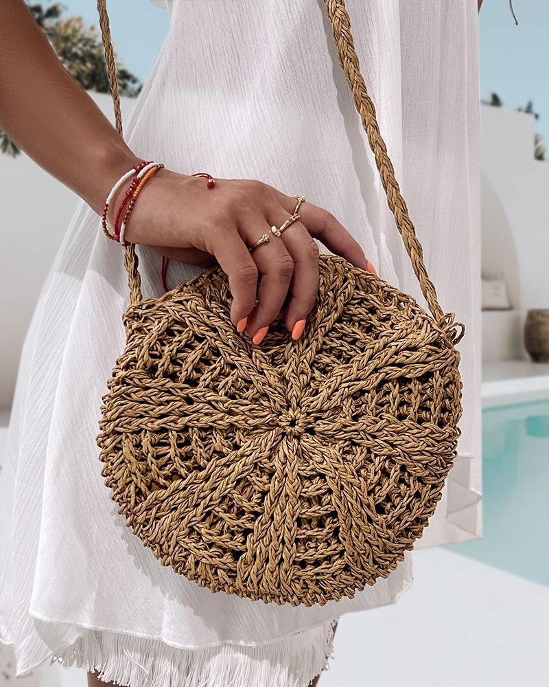 Round Shaped Tassel Braided Straw Bag