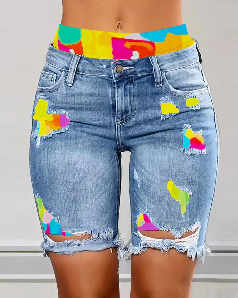 Tie Dye Print Ripped Denim Shorts