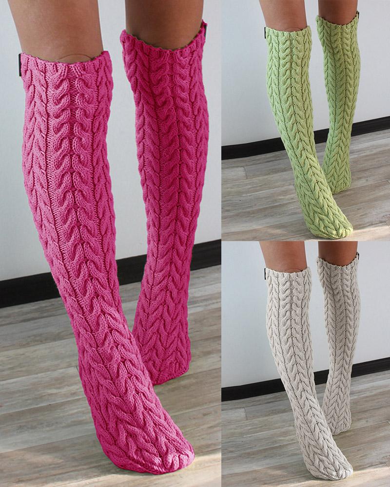 1Pair Cable Knit Over The Calf Fluffy Tube Socks