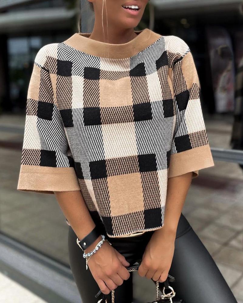 Plaid Print O Neck Knit Top